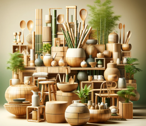A modern home interior showcasing an array of bamboo products, including furniture, utensils, and decorative items, surrounded by green plants.