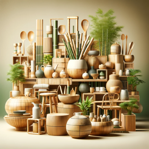 A modern home interior showcasing an array of bamboo products, including furniture, utensils, and decorative items, surrounded by green plants.