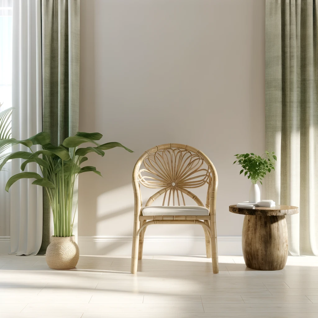 A cozy interior featuring a bamboo accent chair and a rustic wooden table with a vase of green plants, illuminated by natural light through sheer curtains.